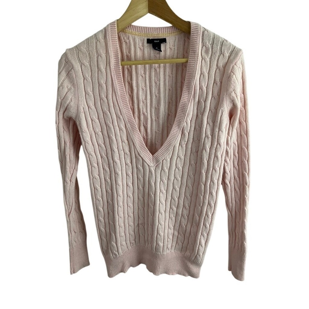 GAP V Neck Sweater Women Size M Light Pink Cable Knit Angora Blend Vintage
